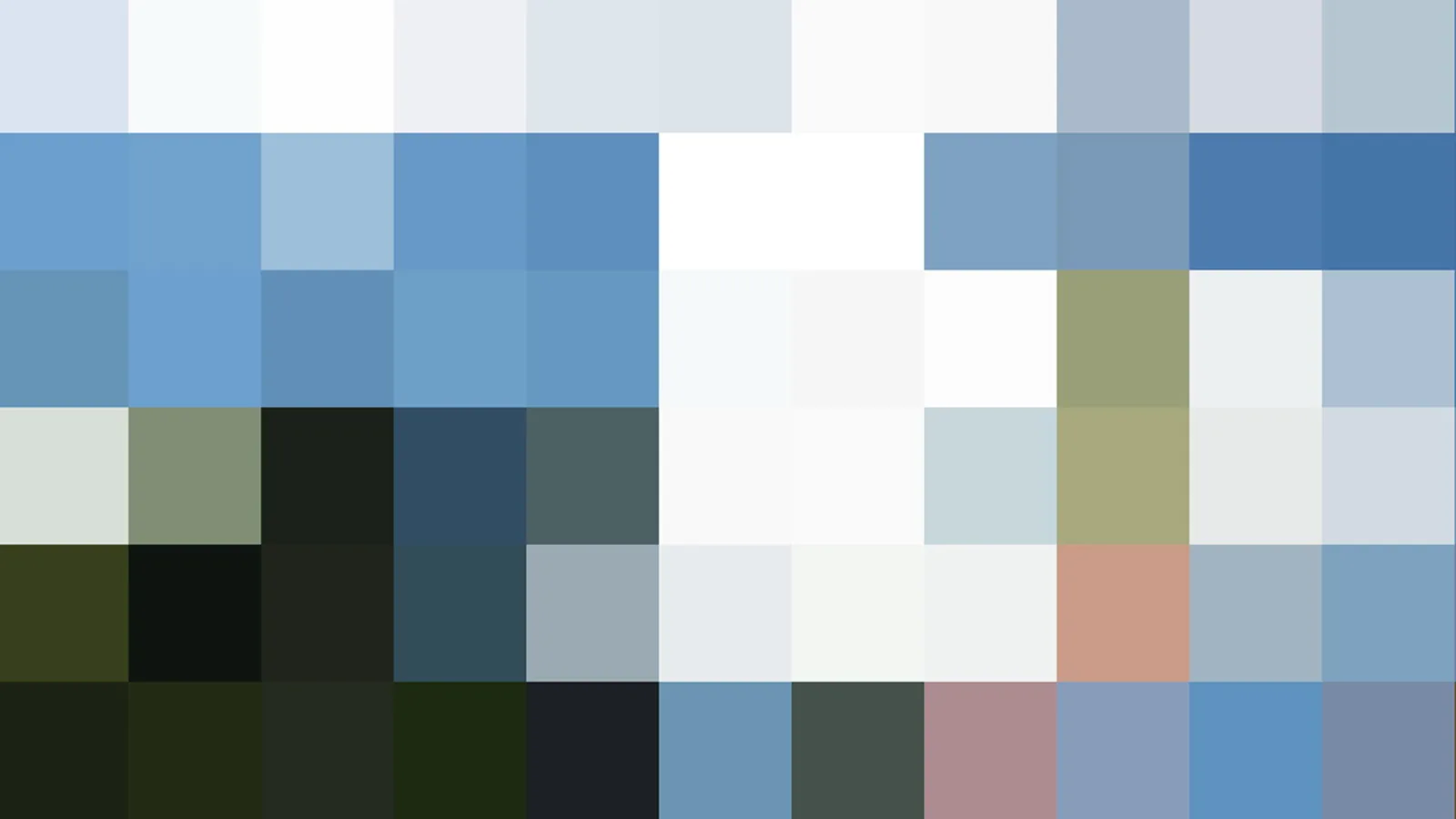 Abstraktes Mosaik aus blauen, weißen und dunkelgrünen Pixelblöcken in Reihen.