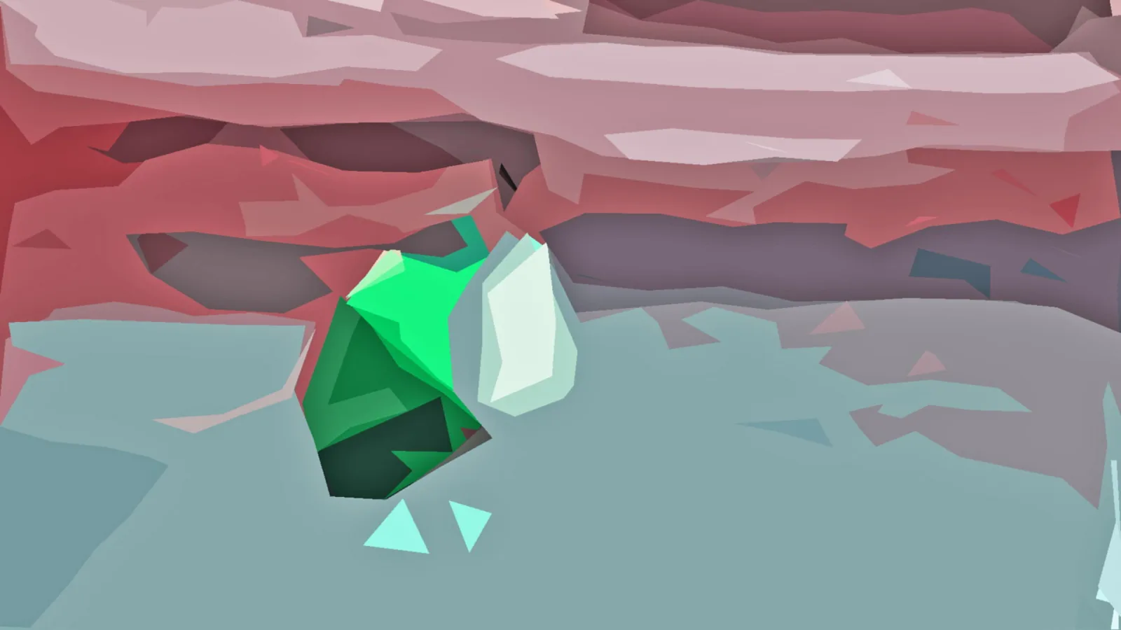 Abstrakte Low-Poly-Komposition mit rosa und roten Schichten oben, grauen Flächen unten und einem grünen Kristall sowie einem hellen Kristall in der Bildmitte.