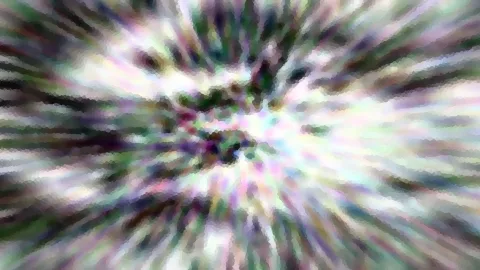 Abstrakte Komposition aus radial verwischten Farbstreifen in Grün, Violett und Weiß, mit dunklerem Zentrum und mosaikartiger Pixelstruktur.