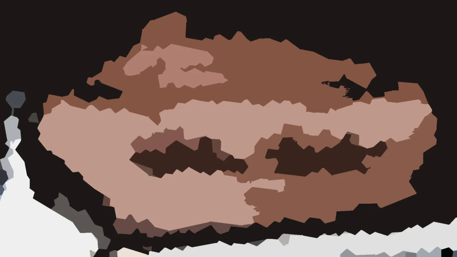 Abstrakte Komposition aus braunen, beigen und dunkelbraunen Flächen auf schwarzem Grund, unten links ein heller Bereich mit grauen Übergängen.