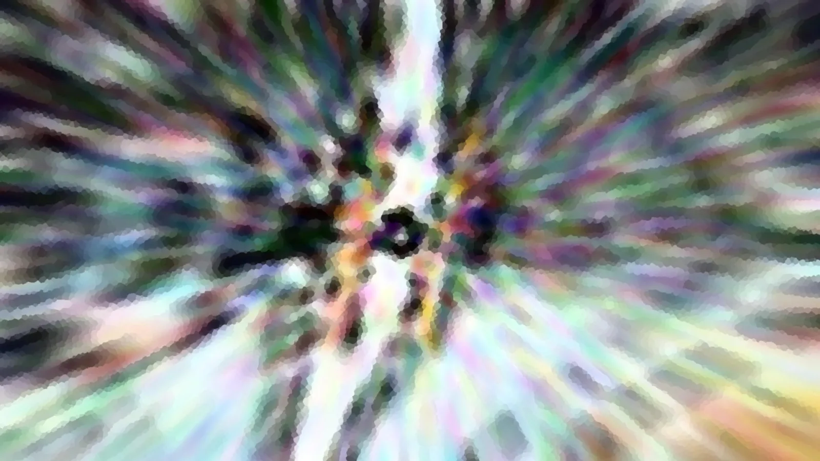 Abstraktes Bild mit farbigen Strahlen, die von einem dunklen Zentrum in der Mitte nach außen laufen, mit mosaikartiger Körnung.