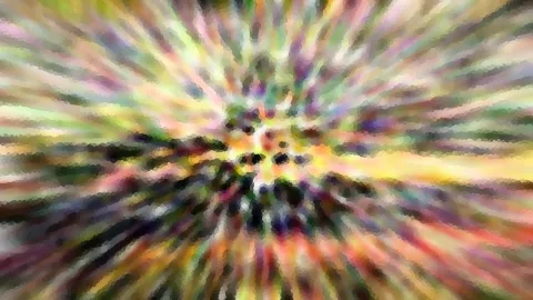 Abstraktes Bild mit bunten Streifen, die von einem hellen Zentrum radial nach außen laufen, leicht verpixelt