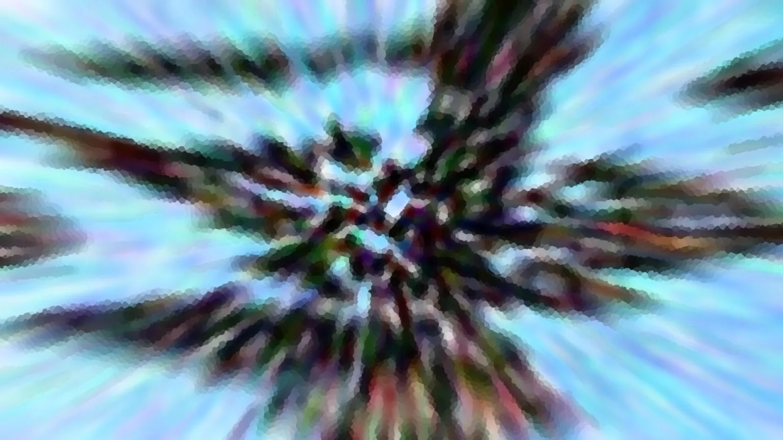 Abstrakte Komposition aus dunklen Zweigen, die von einem Zentrum in der Mitte radial nach außen strahlen, vor hellblauem Himmel, mosaikartig verpixelt.