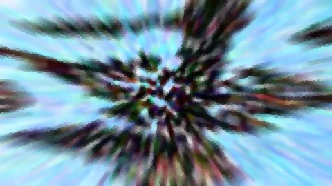 Abstrakte Komposition aus dunklen Zweigen, die von einem Zentrum in der Mitte radial nach außen strahlen, vor hellblauem Himmel, mosaikartig verpixelt.