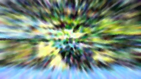 Abstrakte Komposition aus grünen, gelben und blauen Schlieren, die radial von einem hellen Zentrum nach außen laufen, mit grober Mosaik-Pixelung.