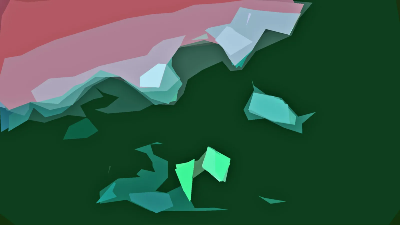 Abstrakte kantige Flächen in Rosa, Türkis und Grün auf dunkelgrünem Grund.