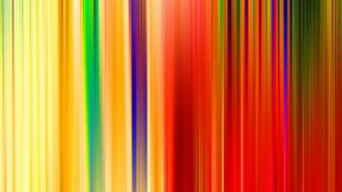 Abstraktes Bild aus dicht nebeneinander stehenden, vertikalen Streifen in Gelb, Orange, Rot, Grün, Blau und Violett, die nach oben und unten verlaufen.