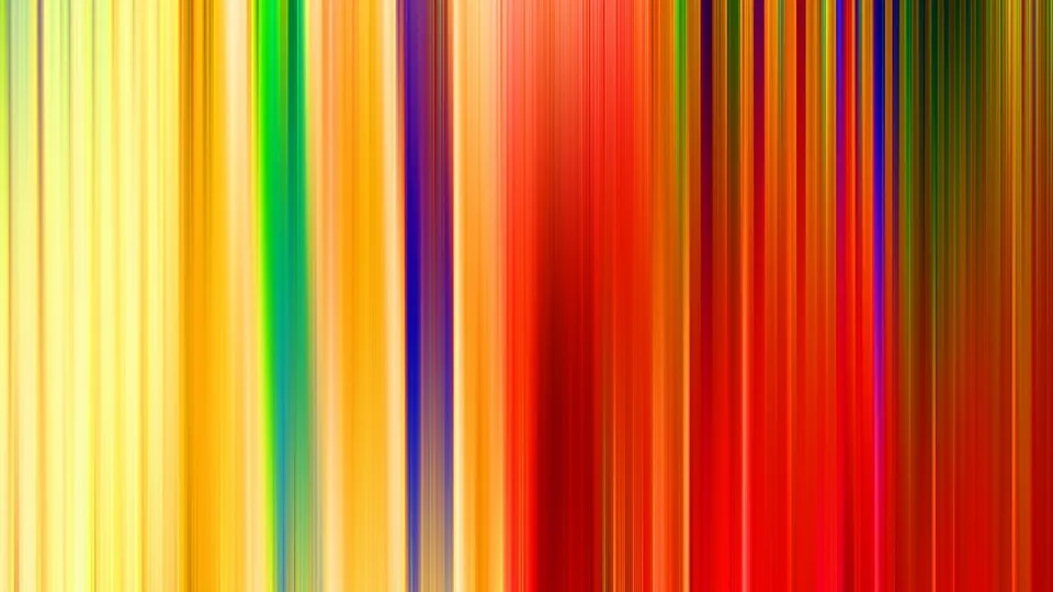 Abstraktes Bild aus dicht nebeneinander stehenden, vertikalen Streifen in Gelb, Orange, Rot, Grün, Blau und Violett, die nach oben und unten verlaufen.