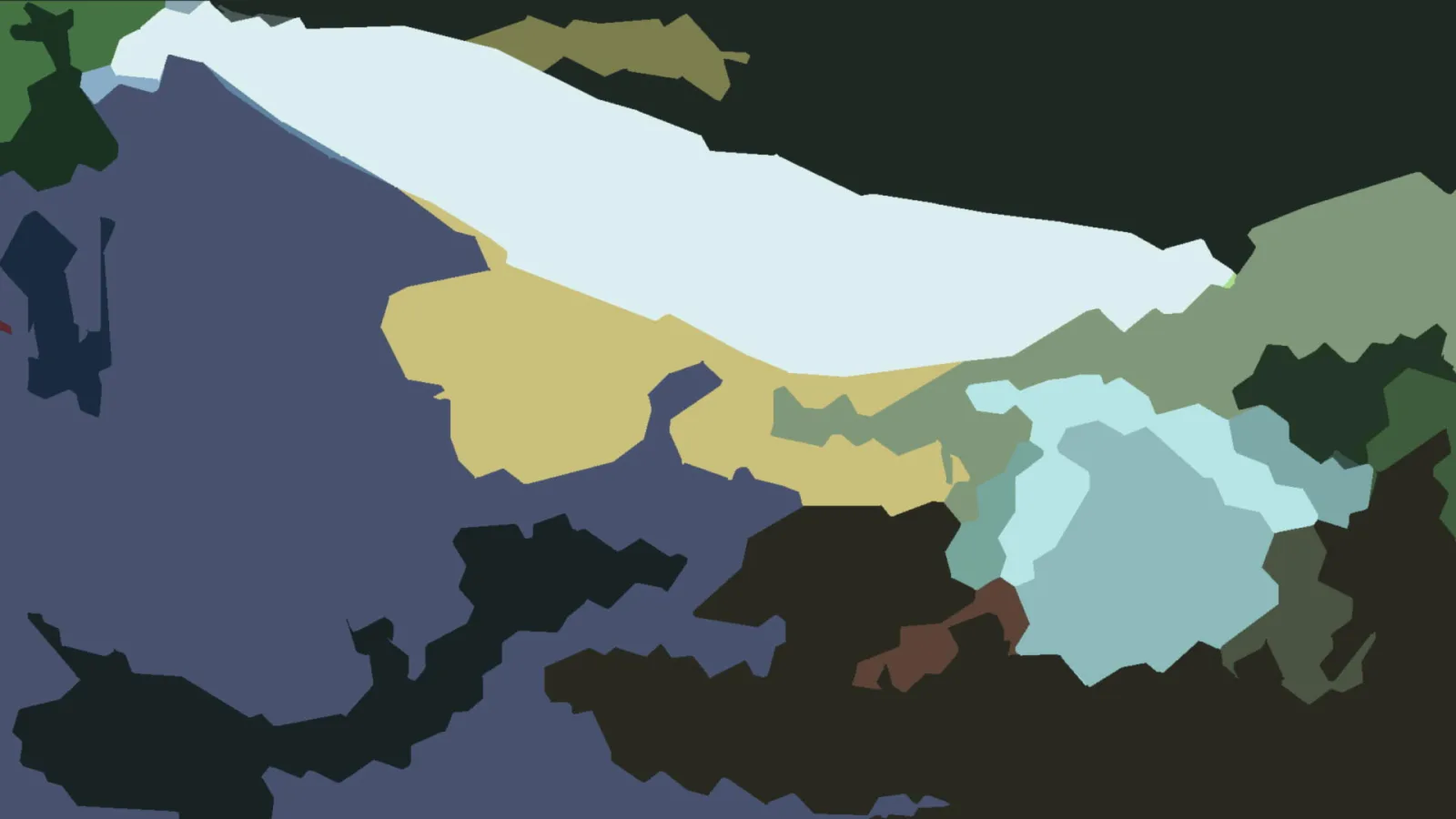 Abstrakte Komposition aus flachen, unregelmäßig geformten Farbflächen in Blaugrau, Gelb, Hellblau, Dunkelgrün und Braun.