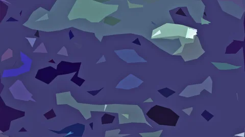 Abstrakte Komposition aus unregelmäßigen, flachen Formen in Violett, Blau und Mintgrün auf dunklem Violett.
