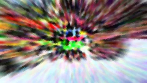 Abstraktes Bild mit farbigen, verwischten Streifen, die von einem dunklen Zentrum radial nach außen laufen; in der Mitte leuchten Grün und Pink, unten rechts dominiert helles Weiß.