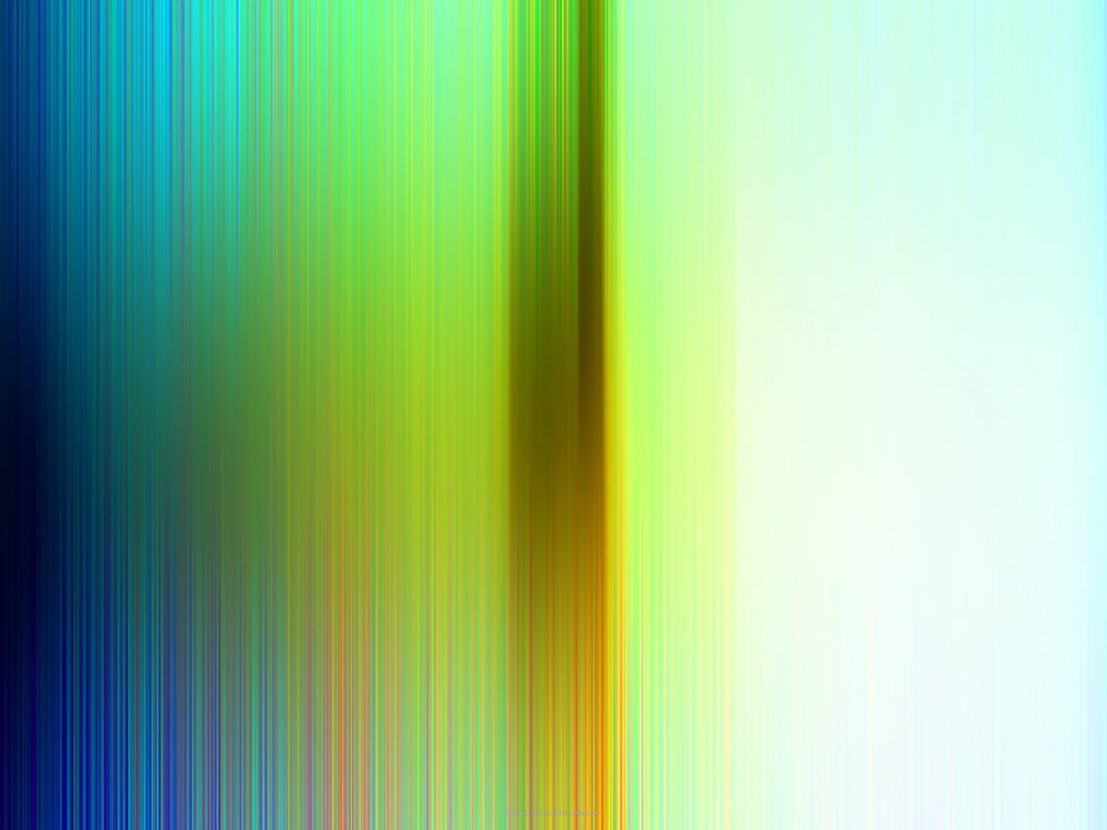 Abstraktes Bild aus vertikalen, verwischten Streifen in Blau, Grün, Gelb und Hellcyan, mit dunkelbraunem Band in der Mitte und einer hellen, fast weißen Fläche rechts.