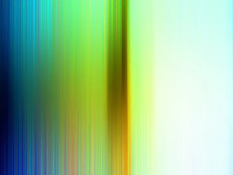 Abstraktes Bild aus vertikalen, verwischten Streifen in Blau, Grün, Gelb und Hellcyan, mit dunkelbraunem Band in der Mitte und einer hellen, fast weißen Fläche rechts.