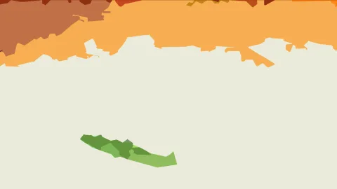 Abstrakte Komposition mit einem orangefarbenen, unregelmäßig gezackten Band am oberen Rand und einer grünen, länglichen Form im unteren Bereich auf hellem Grund.