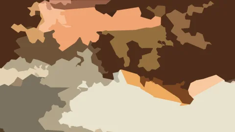 Abstrakte Komposition aus unregelmäßigen, ineinander greifenden Flächen in Braun, Ocker, Beige und Grau.