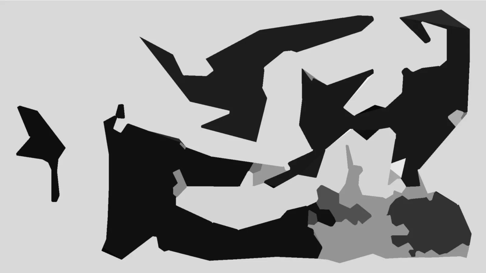 Abstrakte Komposition aus schwarzen und dunkelgrauen Flächen mit scharfen Kanten auf hellgrauem Grund, links ein kleines isoliertes Element.