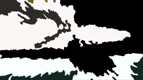 Abstrakte Komposition aus großen weißen, schwarzen und dunkelgrünen Flächen mit unregelmäßigen Kanten, dazu kleine orangefarbene, olivfarbene und blaue Akzente am oberen Rand.