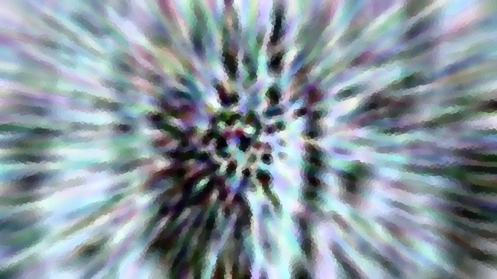 Abstraktes Bild mit radial von der Mitte nach außen laufenden Streifen in Grün, Lila und Weiß, im Zentrum ein Ring aus dunklen Punkten.