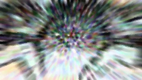 Abstrakte Komposition aus bunten, radial vom Zentrum ausstrahlenden Streifen in Regenbogenfarben, mosaikartig verpixelt.