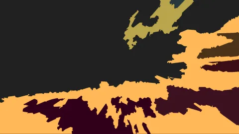 Abstrakte Komposition aus flachen, zackigen Formen in Anthrazit, Orange, Ockergelb und Dunkelrot auf dunklem Grund.