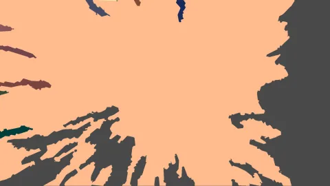 Abstraktes Bild mit pfirsichfarbenem Hintergrund, dunkelgrauen Flecken von rechts und unten sowie bunten Strichen am oberen Rand.