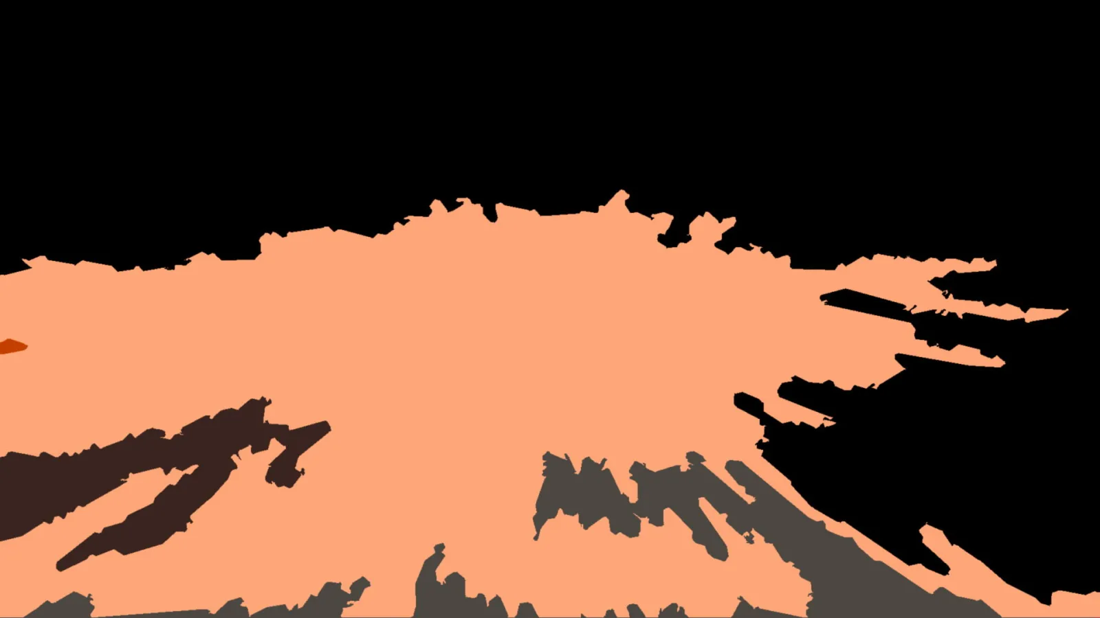 Abstrakte Komposition aus großen orangefarbenen Flächen mit dunkelbraunen und grauen Formen vor schwarzem Grund.