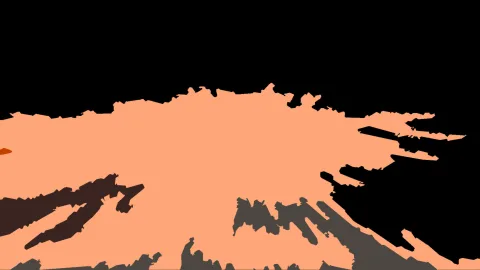 Abstrakte Komposition aus großen orangefarbenen Flächen mit dunkelbraunen und grauen Formen vor schwarzem Grund.