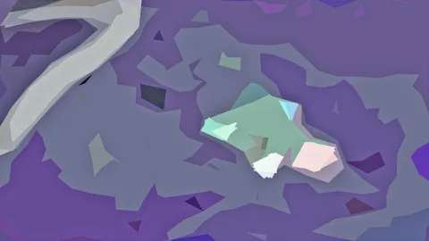 Abstrakte Komposition aus violetten und grauen Flächen mit einer mintgrünen, rosafarbenen und weißen Form in der Mitte und einem hellen, gebogenen Band oben links