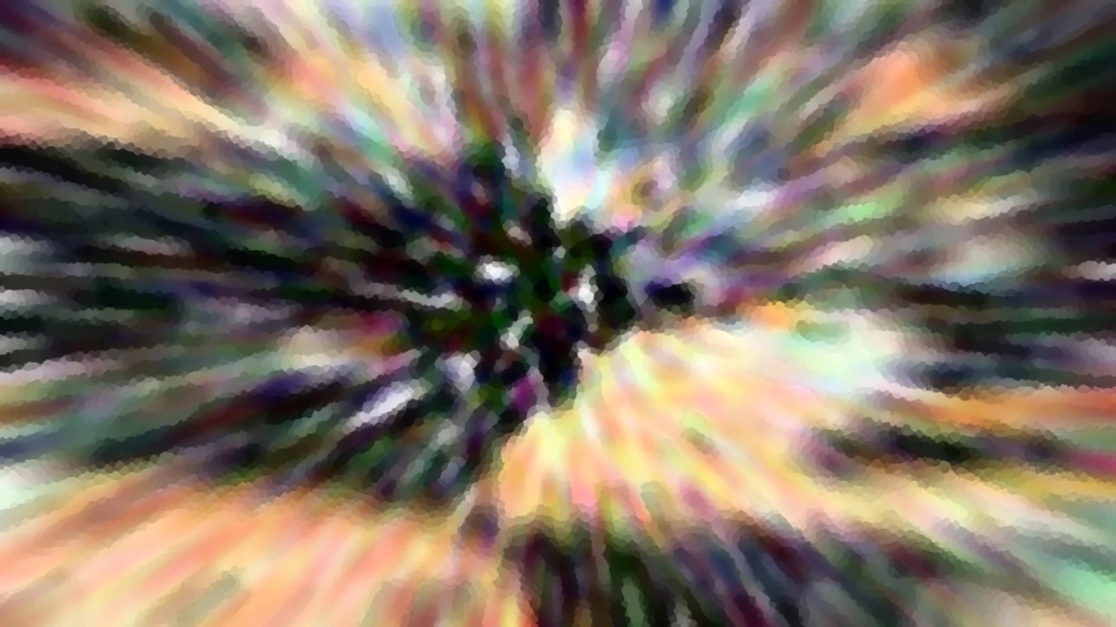 Abstraktes Bild mit radial von einem dunklen Zentrum nach außen laufenden Farbstrahlen in Grün, Gelb, Rosa und Violett, mosaikartig gepixelt.