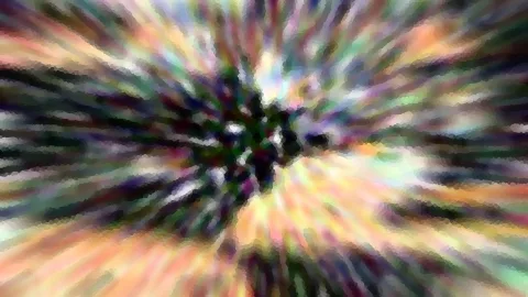 Abstraktes Bild mit radial von einem dunklen Zentrum nach außen laufenden Farbstrahlen in Grün, Gelb, Rosa und Violett, mosaikartig gepixelt.