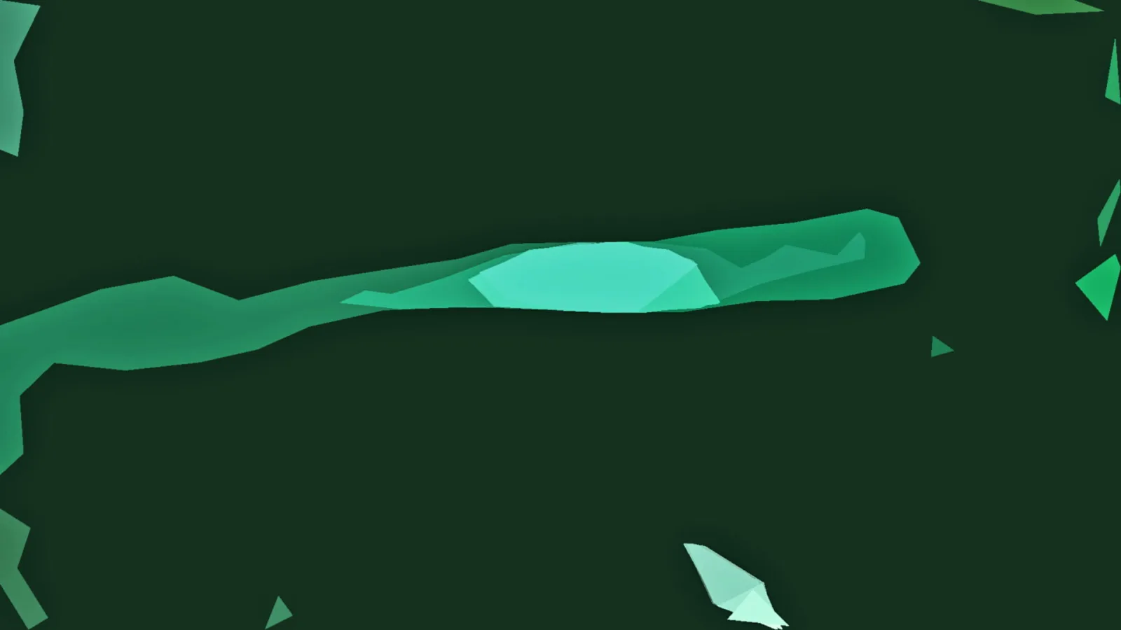 Abstrakte Komposition aus leuchtend türkisen und grünen Polygonflächen auf dunkelgrünem Hintergrund, in der Mitte ein helles, horizontal gestrecktes Band.