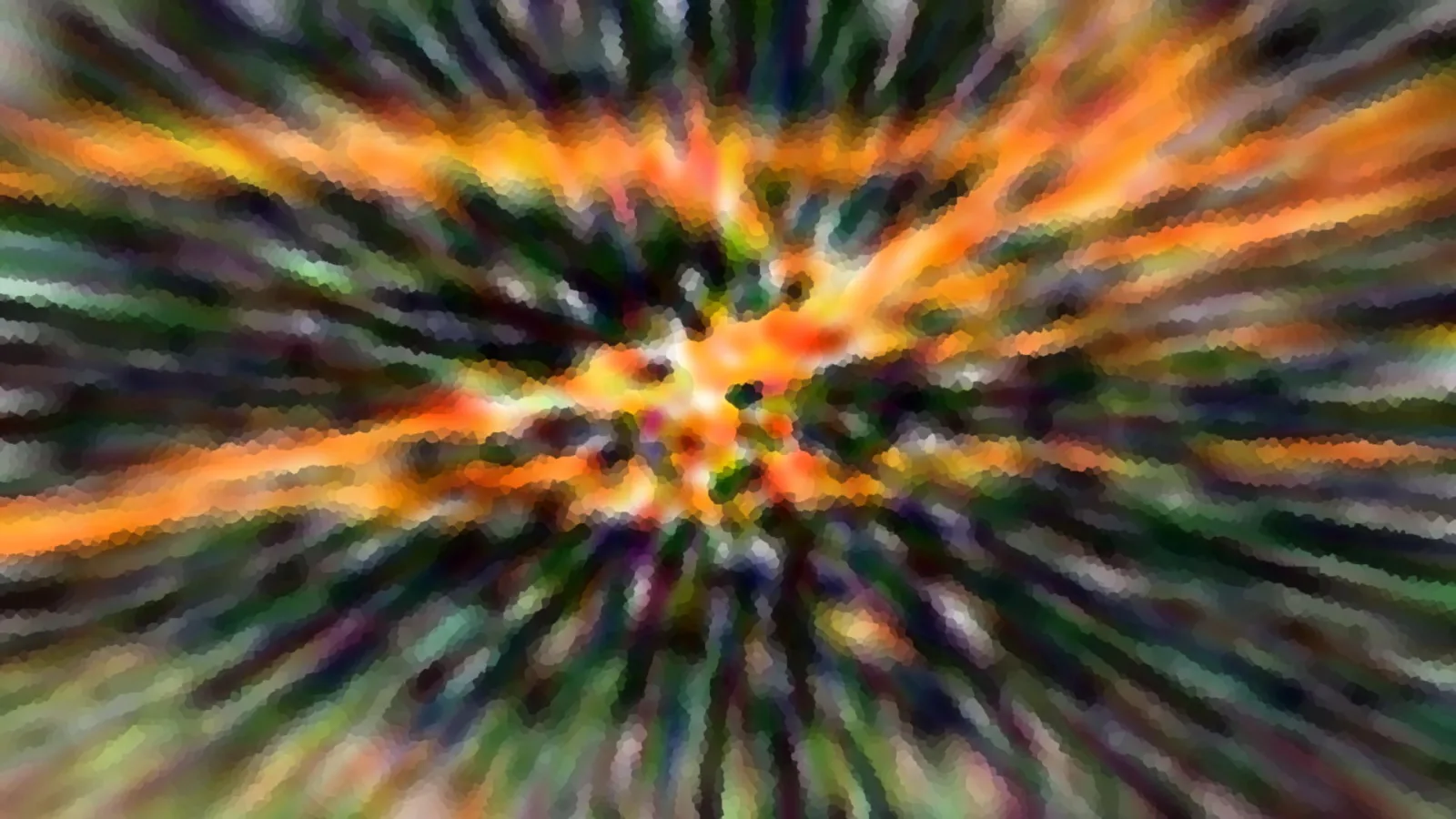Abstrakte Komposition aus orangefarbenen und grünen Streifen, die vom Zentrum radial nach außen verlaufen und unscharf wirken.