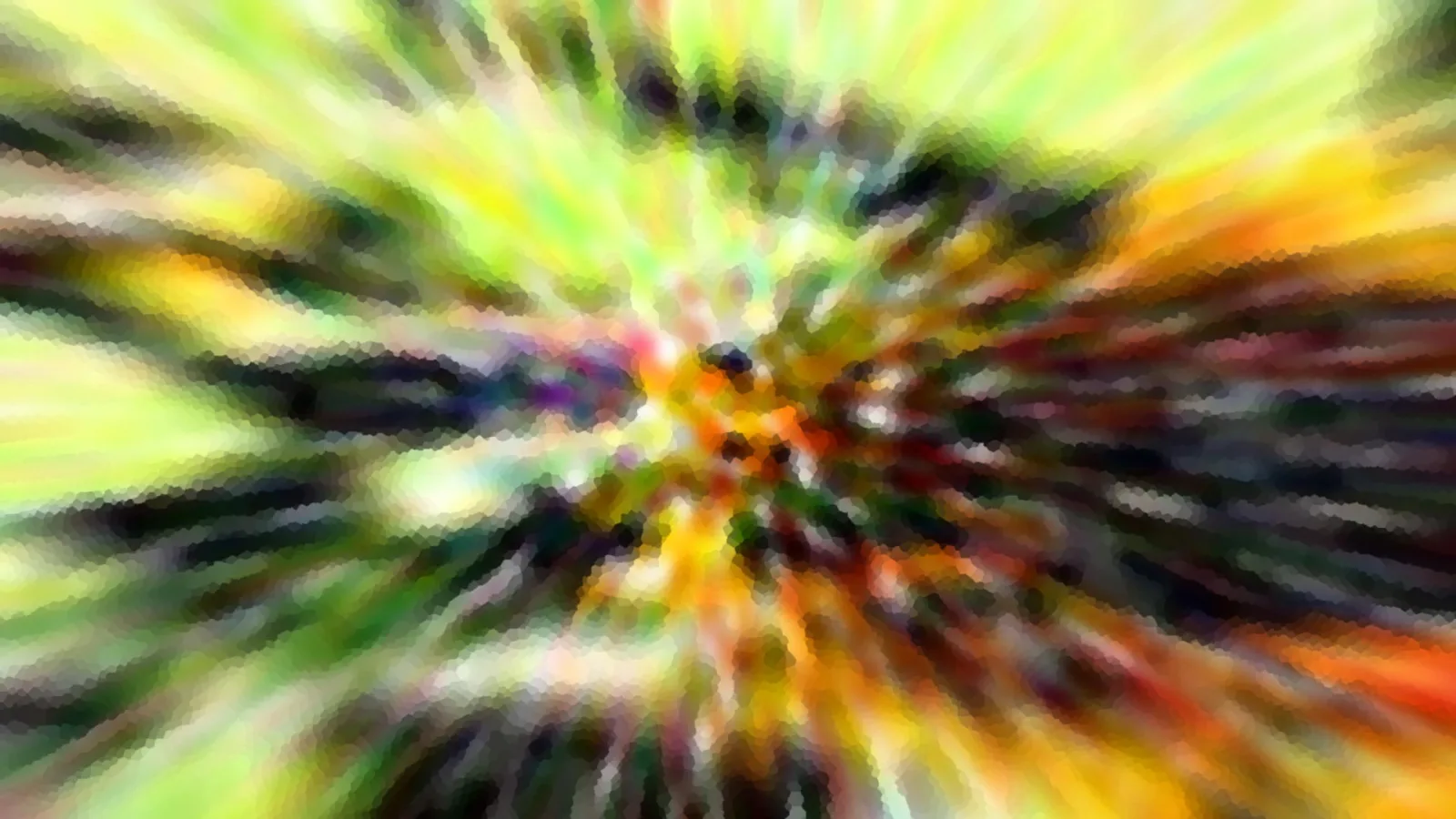 Abstrakte Komposition aus gelben, grünen und orangen Farbstreifen, die radial von der Mitte nach außen laufen.