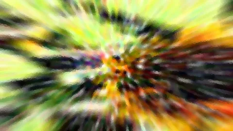 Abstrakte Komposition aus gelben, grünen und orangen Farbstreifen, die radial von der Mitte nach außen laufen.