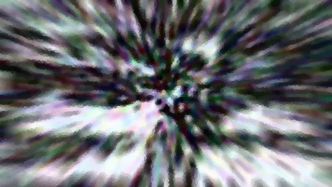 Abstrakte radiale Unschärfe mit bunten Streifen in Violett, Grün und Weiß, die zur Mitte hin zusammenlaufen.