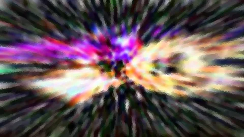 Abstrakte Komposition aus radial von der Mitte nach außen verlaufenden Farbstreifen in Magenta, Blau, Gelb und Grün, mosaikartig verpixelt.