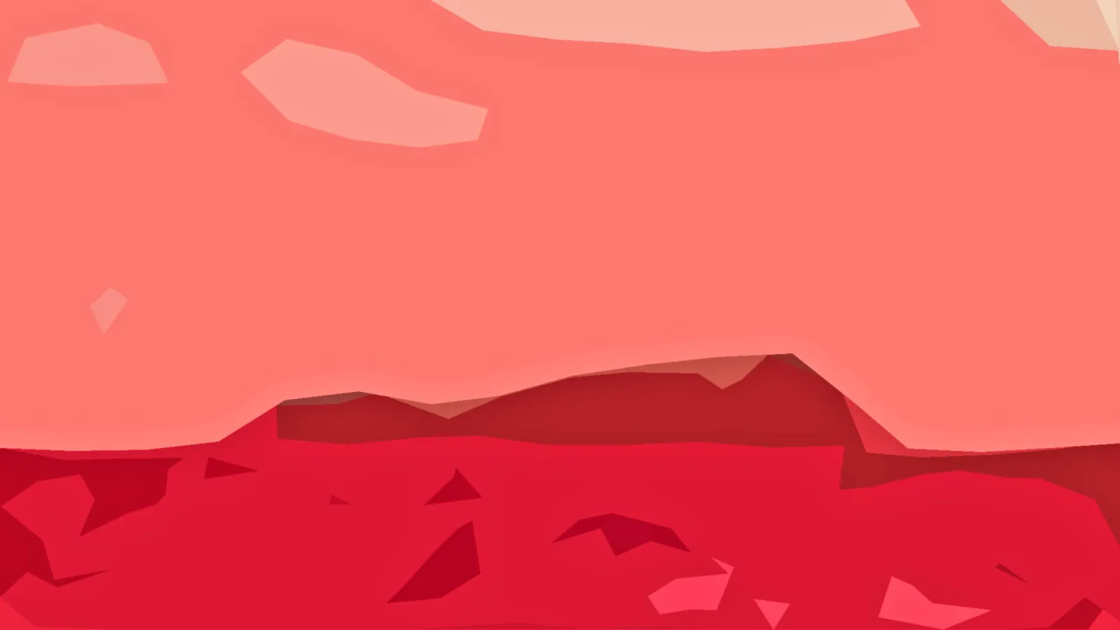 Abstrakte Landschaft mit hellrosa Wolkenformen über einer roten Hügelkette und flächigen Formen in verschiedenen Rottönen.