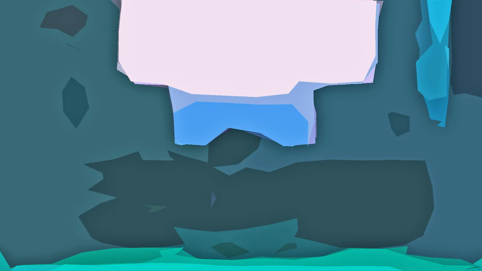 Abstrakte low-poly Komposition mit einer großen rosafarbenen Fläche oben in der Mitte, darunter ein blauer Block, dunkle petrolfarbene Flächen und ein türkiser Streifen am unteren Rand.