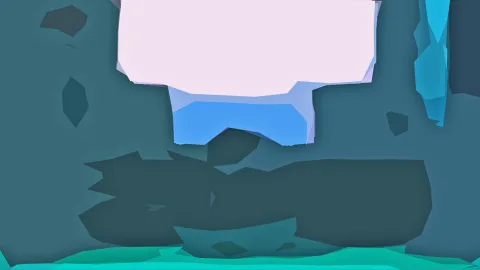 Abstrakte low-poly Komposition mit einer großen rosafarbenen Fläche oben in der Mitte, darunter ein blauer Block, dunkle petrolfarbene Flächen und ein türkiser Streifen am unteren Rand.