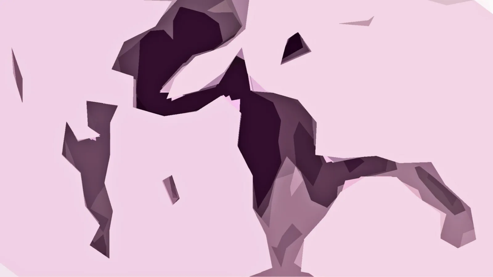 Abstrakte Komposition aus dunkel violetten und hellrosa Polygonflächen auf rosafarbenem Grund, die an eine stilisierte Figur erinnern.