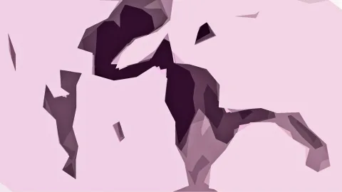 Abstrakte Komposition aus dunkel violetten und hellrosa Polygonflächen auf rosafarbenem Grund, die an eine stilisierte Figur erinnern.