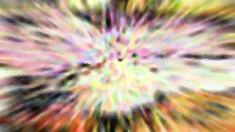 Abstraktes Bild mit radial von der Mitte ausstrahlenden, bunten Streifen in Rosa, Gelb, Grün und Orange, durchsetzt von dunklen Flecken und einem körnigen, mosaikartigen Muster.