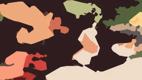 Abstrakte Komposition aus flächigen, unregelmäßig geformten Feldern in Pfirsich, Rot, Creme, Olivgrün und Gelb auf dunklem Hintergrund.