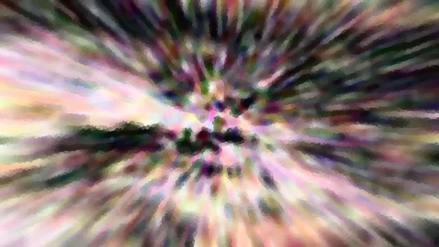 Abstrakte Komposition aus radial angeordneten Farbstreifen in Rosa, Grün und Violett, die von einem dunklen Zentrum nach außen strahlen.
