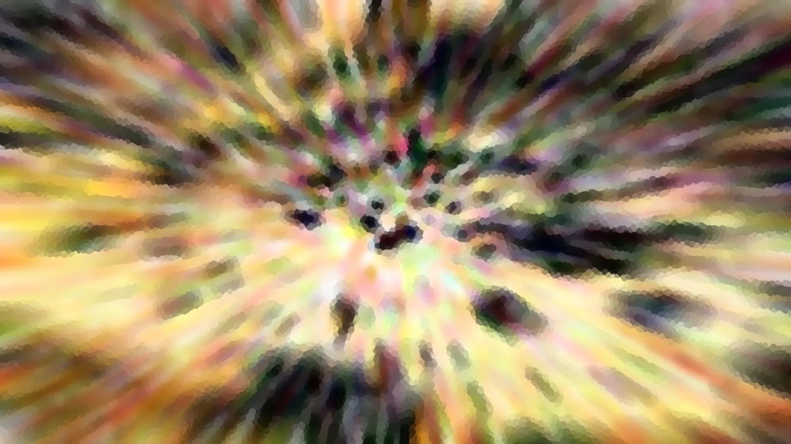 Abstraktes Bild mit radialem Zoomeffekt in Gelb, Grün, Rosa und Schwarz, die Farbstrahlen laufen von einem hellen Zentrum nach außen, feine mosaikartige Struktur.