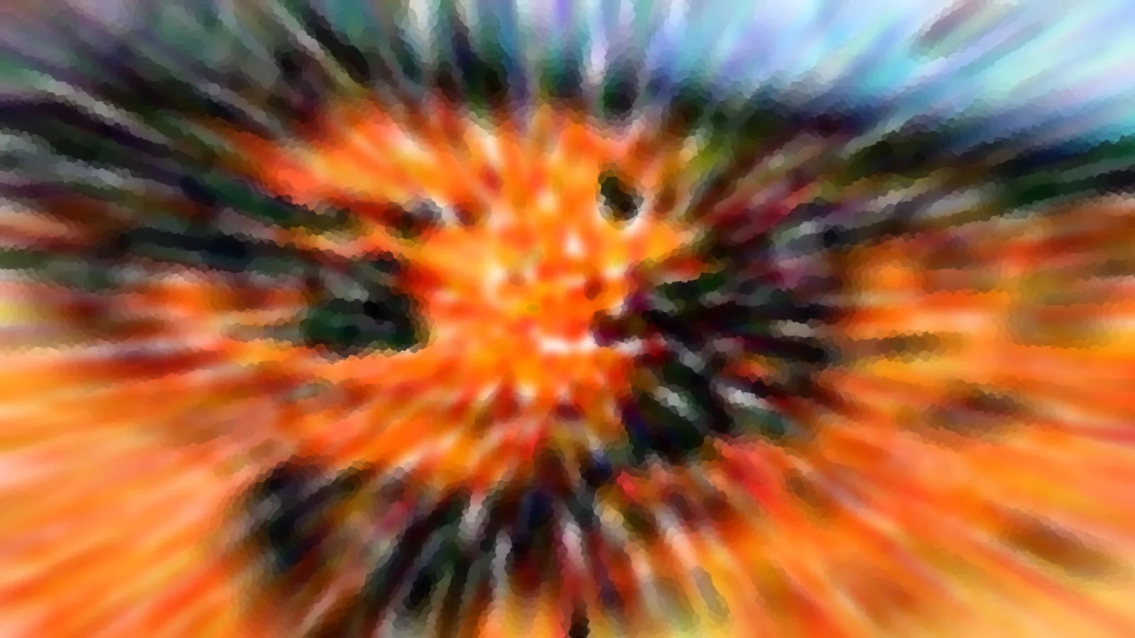 Abstrakte, stark verwischte Komposition mit radialen Strahlen in Orange, Schwarz, Grün und Blau, die von einem hellen orangefarbenen Zentrum ausgehen.