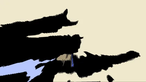 Abstrakte Komposition aus großen schwarzen, zackig begrenzten Formen auf cremefarbenem Grund, dazu eine blaue und eine ockerfarbene Fläche sowie blaue Striche in der Mitte.