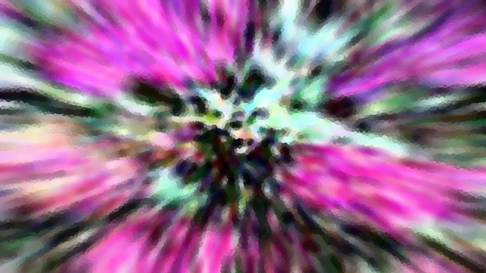 Abstrakte Komposition aus pinken, grünen und weißen Schlieren, die von einem dunklen Zentrum radial nach außen strahlen, mosaikartig verpixelt.