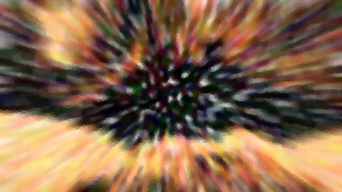 Abstrakte, radial verwischte Farbexplosion mit dunklem grünlich-schwarzem Zentrum, umgeben von Orange, Gelb und Rosa.