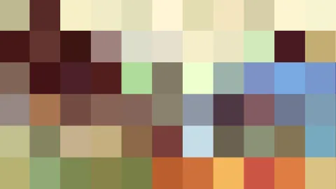 Farbmosaik aus quadratischen Feldern in Erdtönen, Beige, Braun, Grün, Blau und Rot, in elf Spalten und sechs Reihen angeordnet.